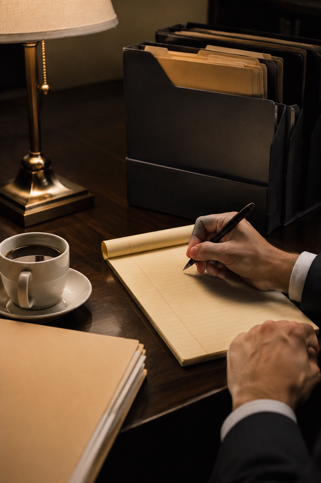 Hands making notes beside organized folders in a law office