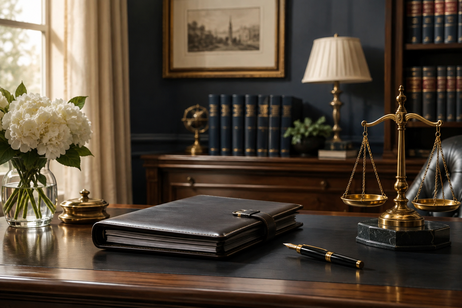 Law office desk with leather case file, brass scales and white flowers